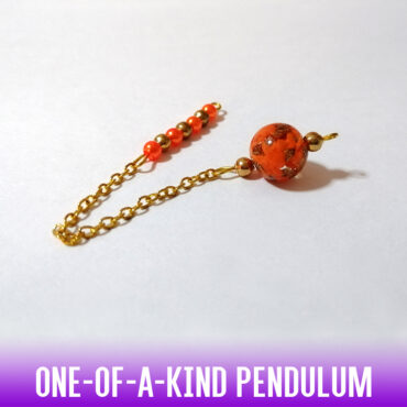 A one-of-a-kind dowsing pendulum made with a truly orange luminous Murano lampwork bead with gold foil specks and a gold chain. An alternating of 7 small bright orange and gold acrylic beads on the  handle make this a truly inspired tool.