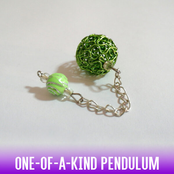 A lime green popular hollow twist wire ball pendulum with an acrylic lime green bead handle on a silver chain