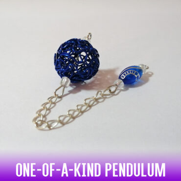 A popular dowsing pendulum of a bright blue hollow twist wire ball, with a matching color acrylic bead handle with silver details on a silver chain