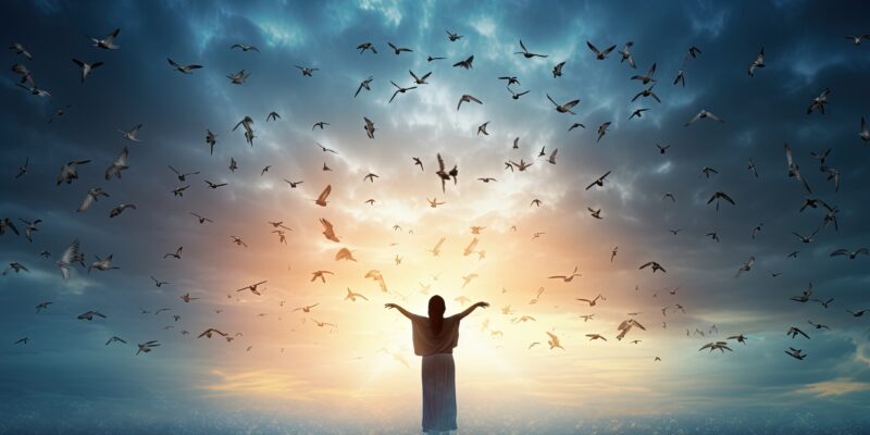 Woman standing alone with birds flying against heavenly backdrop, happy and well after her healing session that sets her free
